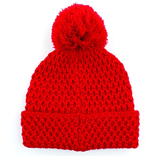 C.C Exclusives Women's Winter Seed Stitched Confetti Pom Beanie Hat (HAT-1816)(HAT-2214)(HAT-2085)(HAT-3841) - color: Bee Stitch Pattern-red