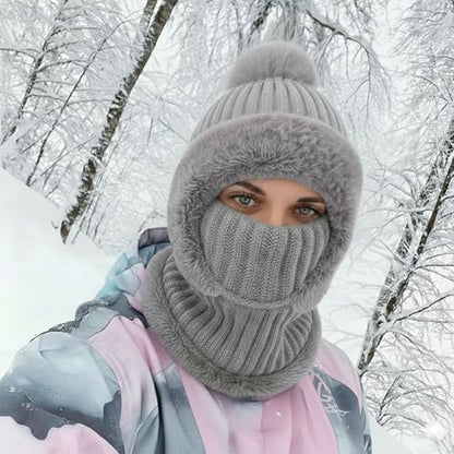 AQOKKA 3 in 1 Knit Fleece Lined Beanie Hat with Scarf and Mask Warm - color: Grey