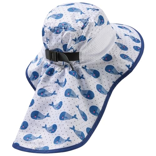 BASSDASH Kids UPF 50+ Wide Brim Sun Hat with Neck Flap Lightweight Cooling Performance Toddler Girls Boys Outdoor Play Hats - color: Dark Blue/Whales, size: Large