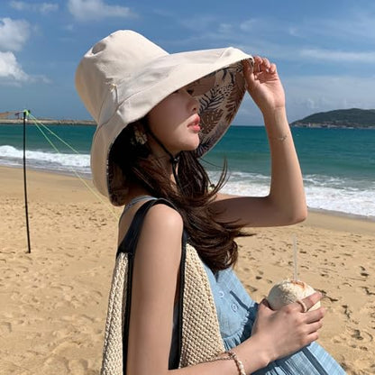Women Wide Brim Sun Protection Hat Summer Fishing Hats - color: Beige and Leaf Print