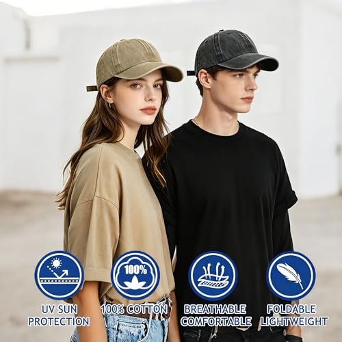 2Pack Vintage Washed Cotton Baseball Caps, Adjustable Low Profile Dad Hat, Unconstructed Distressed Plain Cap for Men Women - color: Black+khaki
