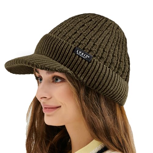 Womens Satin Lined Winter Beanie Hat with Brim Visor Warm Knit Baseball Cap - color: Brown