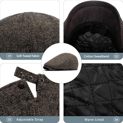 meioro Mens Wool Blend Tweed Newsboy Flat Cap Gatsby Irish Cabbie Ivy Cap Adjustable Newsboy Hat Warm Fleece Winter Hats - color: Light Khaki