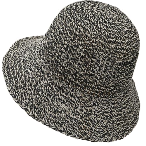 Women Straw Sun Hat Summer Beach Hats Foldable Floppy Cap Wide Brim Bucket Hat Solid Handmade Sun Protection Caps - color: Black&beige