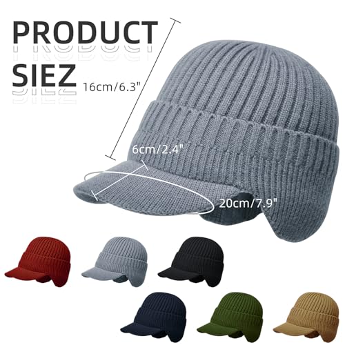 Men's Winter Hat with Brim, Warm Earflaps Hat for Men, Thick Fleece Lined Knit Winter Beanie Outdoor - color: Grey