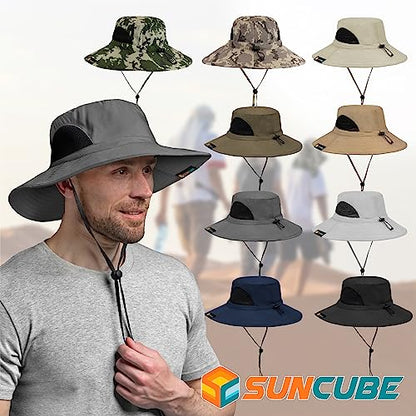 SUN CUBE Wide Brim Sun Hat for Men & Women, UPF 50+ UV Protection, Mesh Boonie Hat with Chin Strap, Fishing Hiking Hat - color: Tan