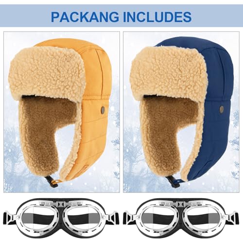 JaGely 4 Pcs Pilot Hat and Goggles Flight Costume Accessories Pilot Helmet Cap with Ear Flaps Hat Adults Winter - color: Blue and Wheat, style: Classic