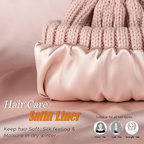 FURTALK Womens Winter Beanie Hat Satin Lined Faux Fur Pom Pom Beanies Hat for Women Winter Warm Knit Hats - color: Pink