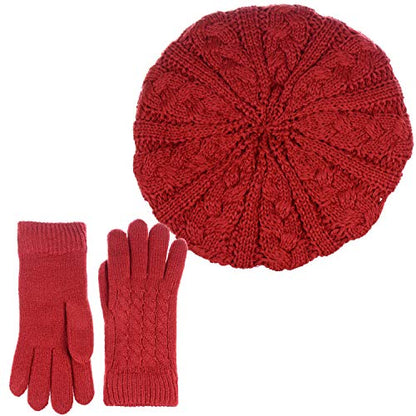 BYOS Womens Winter Cozy Cable Fleece Lined Knit Beret Beanie Hat (Set Available) - color: Red Cable Hat Gloves Set