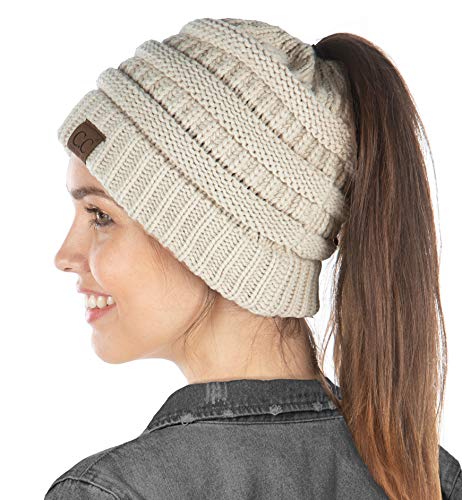 Funky Junque Exclusives Ponytail Beanie for Women – Cable Knit Womens Winter Hat, High Pony Tail Running Beanies - color: Beige