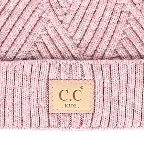 C.C Kids' Suede Patch Snuggly Soft Warm Knit Pom Cuff Beanie - color: Criss Cross Faux Fur, Rose Mix