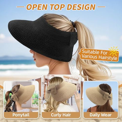 Sun Hats for Women Wide Brim Straw Sun Visors Ponytail Hat - color: Black