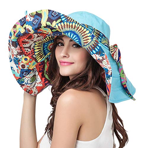 WITERY Floppy Summer UPF50+ Foldable Sun Beach Hats Accessories Wide Brim for Women - color: Blue