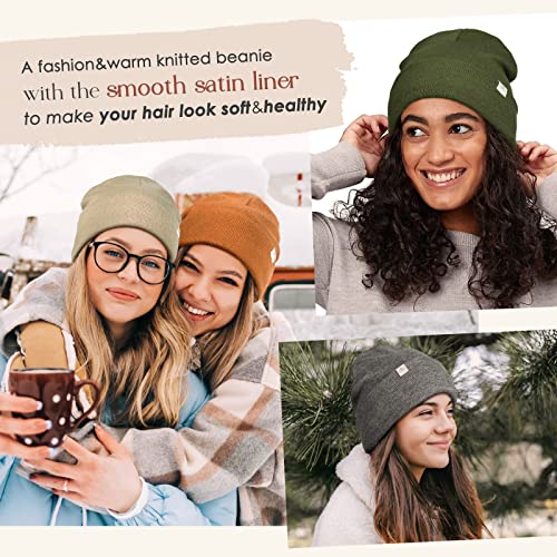 YANIBEST Satin Lined Beanie for Women, Reduce Frizz Winter Hats - color: Dark Orange