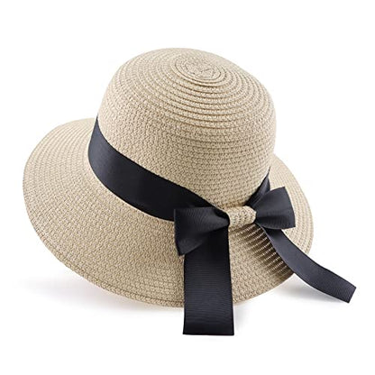 Zsedrut Women,Little Girls Straw Sun Hat Summer Beach Cap Foldable Visor Floppy Hats Wide Brim with Bowknot - color: Beige2, size: One Size