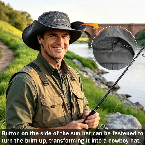 Mens Sun Hat Wide Brim Sun Hats for Men UV Protection Waterproof Bucket Hat - color: Dark Grey