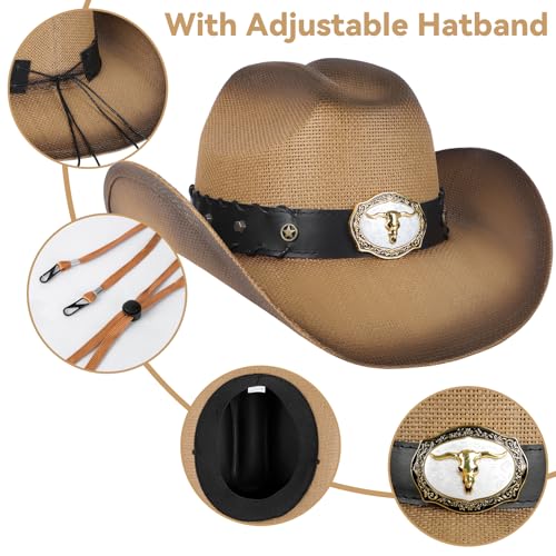 WQWOVRVO Cowboy Hat,Cowgirl hat,Brown Cowboy Hats for Women/Mens Straw Wide with Shapeable Brim Western Cowboy Hat for Womens - color: Camel & Brown