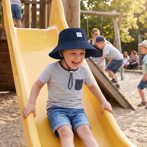 Kids Sun Hat Smile Face Bucket Hat Toddler Hat Wide Brim Adjustable Strap - color: Navy Blue+pea Green, size: 3-8T
