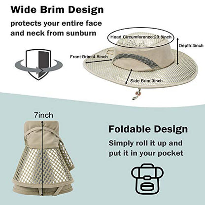 Men Safari Sun Hat Wide Brim Boonie Fishing Cap with Adjustable Drawstring - color: #Tan