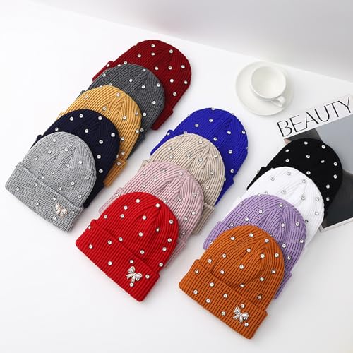 Cute Rhinestone Hat Winter Cuffed Ribbed Knitted Pearl Bow Beanie for Women Men - color: Light Grey