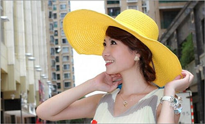 Wide Brim Roll-up Big Beautiful Solid Color Floppy Hat - color: Yellow