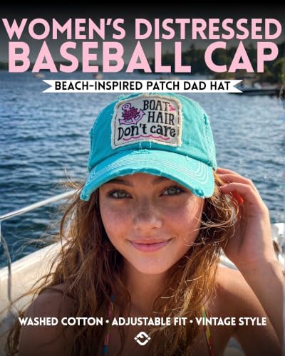 Funky Junque Distressed Baseball Cap, Vintage Embroidered Dad Hat - color: Boat Hair Don't Care - Teal