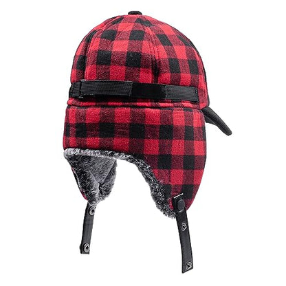 Winter Buffalo Plaid Trapper Hat Hunting hat Sherpa Ear Flaps Hunter Cap Black and Red