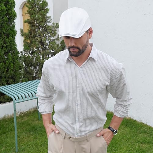 Newsboy Cap for Men 100% Cotton Mens Flat Hats Newsies Hat Classic Irish Gatsby Ivy Cabbie Golf Hats - color: White, size: Large-X-Large