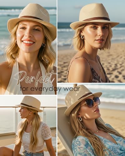 Straw Sun Hat for Men Women Short Brim Beach Trilby Hat UPF 50+ - color: Brown Belt Beige
