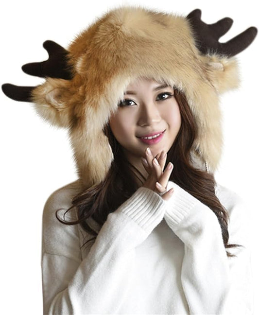 Holiberty Cute Animal Horns Ears Winter Hat Plush Fur Warm Trapper Hat Funny Viking Christmas Halloween Costume Snow Ski Hat - color: Brown, With Deer Horns