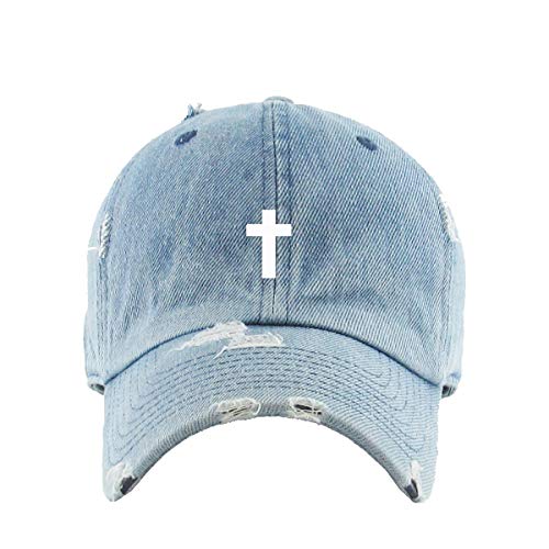 Cross Vintage Baseball Cap Embroidered Cotton Adjustable Distressed Dad Hat - color: Light Denim
