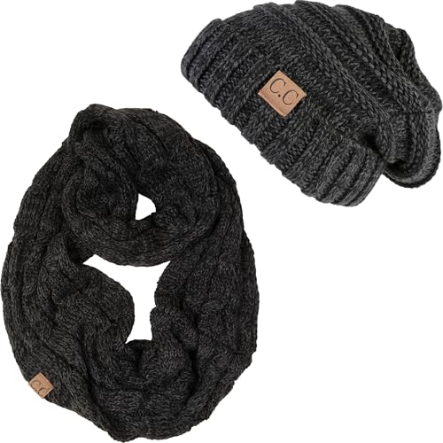 Funky Junque Slouchy Beanie & Infinity Scarf Gift Set – Matching Winter Accessories Sets for Women, Oversized Hat and Scarves - color: An Onyx Black Tricolor Mix