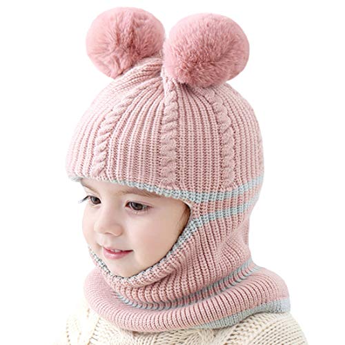Toddler Winter Hat Baby Balaclava 2 in 1,Fleece Lined Knitted Beanie with Face Mask, Ear Flaps & Pom Pom for Boys Girls - color: Bear-black+pink