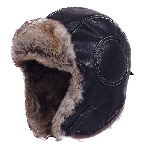 Janey&Rubbins Russian Hat Fur Soviet Ushanka Cossack Winter Cap Earflap Snow Ski Headwear - color: A - Black/Leather, size: Large