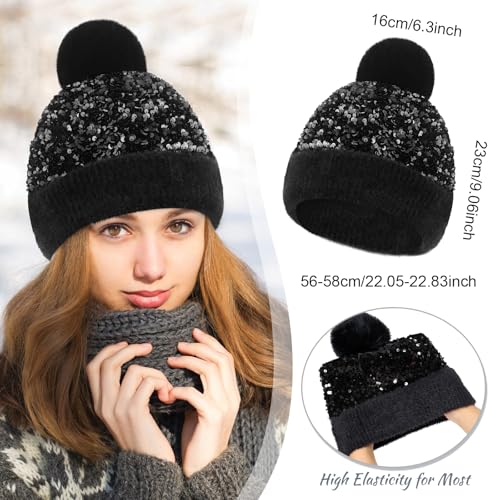 4 Pcs Sequin Pom Pom Beanie Winter - color: Black, Rose Red, White, Gold