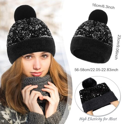 4 Pcs Sequin Pom Pom Beanie Winter - color: Black, Rose Red, White, Gold
