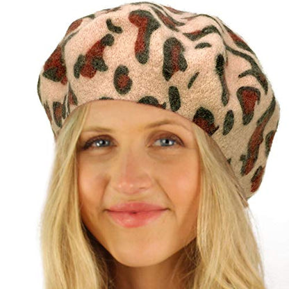 Classic Winter 100% Wool Warm French Art Basque Beret Tam Beanie Hat Cap - color: Leopard Pink