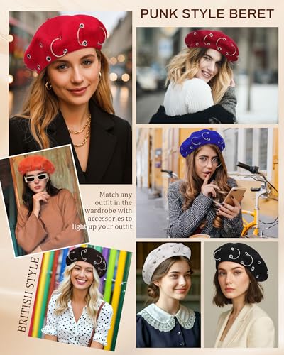 AWAYTR Punk Beret Hat for Women - 90% Wool Blend Goth Alt French Cap - color: Coffee