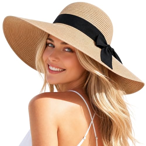 Beach Hat for Women, Wide Brim Sun Straw, UPF 50+ Foldable Floppy Sun Hat - color: B-khaki