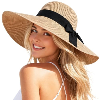 Beach Hat for Women, Wide Brim Sun Straw, UPF 50+ Foldable Floppy Sun Hat - color: B-khaki