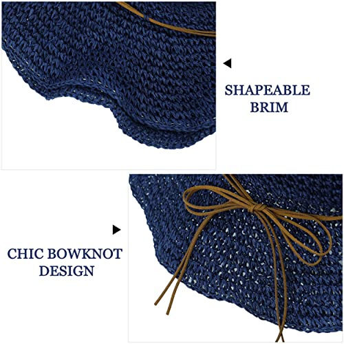 Women Sun Hat Wide Brim Floppy Beach Hat Breathable UV UPF 50+ Straw Hat Foldable Packable Summer Outdoor Cap - color: Navy Blue