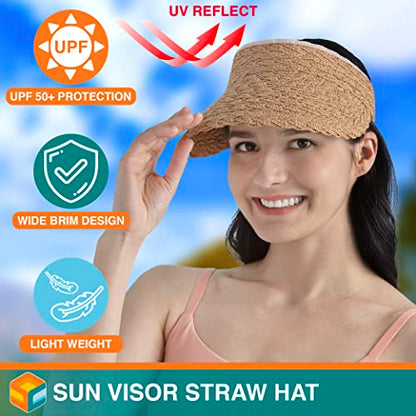 SUN CUBE Women Sun Visor Hat, Straw Beach Hat Wide Brim UV Protection, Foldable Packable Cap, Roll Up Ponytail Summer Visor - color: Brown