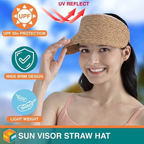 SUN CUBE Women Sun Visor Hat, Straw Beach Hat Wide Brim UV Protection, Foldable Packable Cap, Roll Up Ponytail Summer Visor - color: Brown