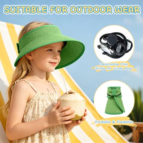 Girls Sun Visor Hat with Ponytail Hole Wide Brim Beach Straw Visor UPF 50+ - color: 1pack-grass Green