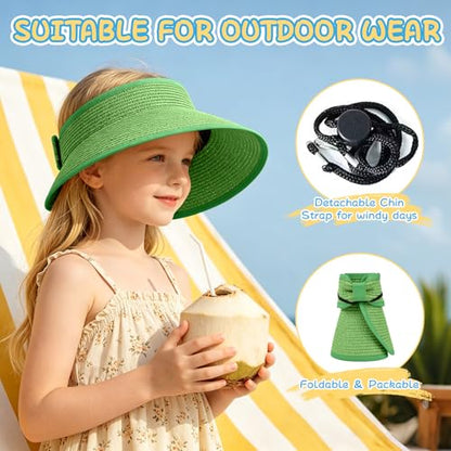 Girls Sun Visor Hat with Ponytail Hole Wide Brim Beach Straw Visor UPF 50+ - color: 1pack-grass Green