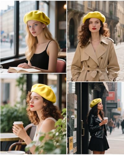French Beret Hats for Women - Wool Solid Color Beanie Cap - color: Lemon Yellow