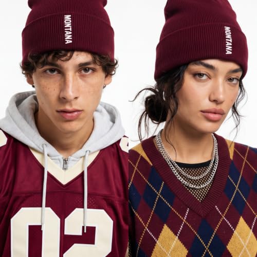 Daxton Vertical USA Cities Cuffed Beanie, Winter Knit Hat Skully Cap for Men Women, City Pride Daily Headwear - color: Montana Burgundy White