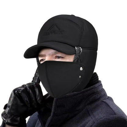 Winter 3 in 1 Thermal Fur Lined Trapper Hat with Ear Flap Full Face Warmer Cover Windproof Cycling Motorcycle Headwear - color: Black