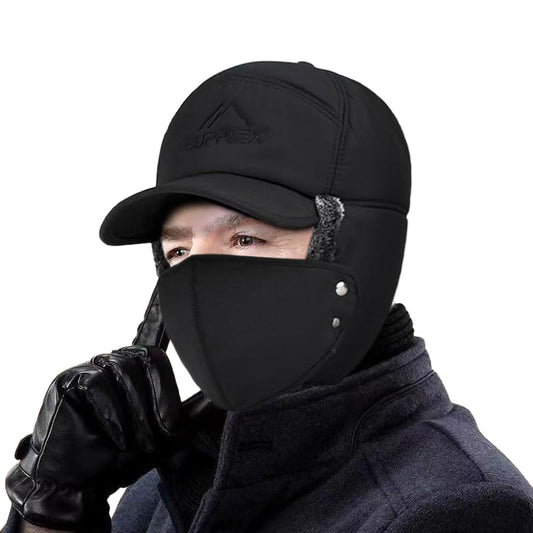 Winter 3 in 1 Thermal Fur Lined Trapper Hat with Ear Flap Full Face Warmer Cover Windproof Cycling Motorcycle Headwear - color: Black