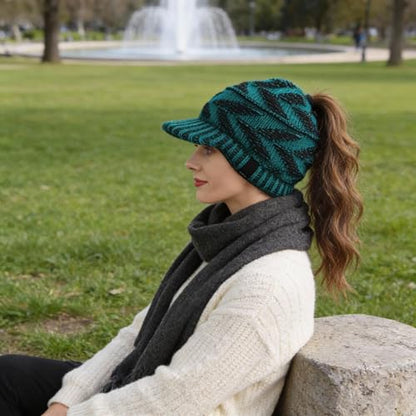 Women's BeanieTail Warm Knit Hat Messy High Bun Ponytail Visor Beanie Cap - color: B341-blue, size: Medium